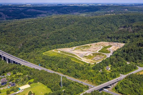 Aerial view, Feldhaus landfill site in the forest area near the A46 motorway, Arnsberg, Sauerland,