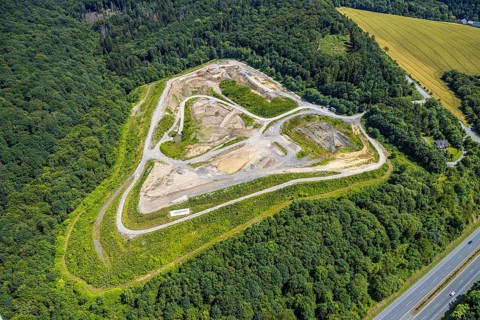 Aerial view, Feldhaus landfill in the forest area on the A46 motorway, Arnsberg, Sauerland, North