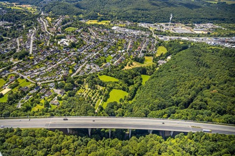 Aerial view, LSG landscape protection area Berbketal, motorway with bridge A46, residential area