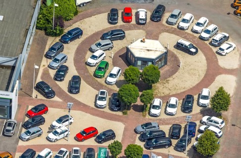 Aerial view, Skoda Autohaus Jost GmbH & Co. KG, new cars set up in the district, Niedereimer,