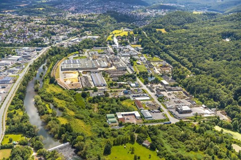 Aerial view, industrial area and sewage treatment plant Hammerweide, river Ruhr and forest area,
