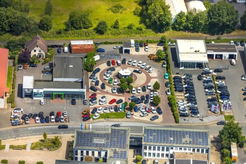 Aerial view, Skoda Autohaus Jost GmbH & Co. KG, new cars set up in the district, Niedereimer,