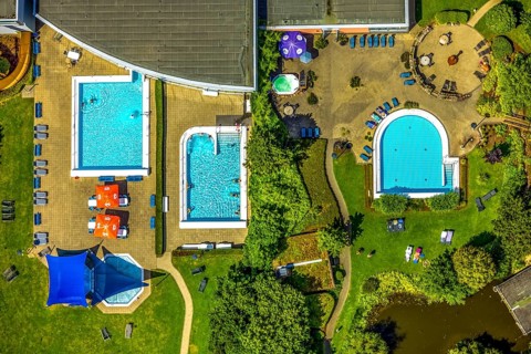 Aerial view, Solepark Große Wiese Freizeitbad Naß, swimming pools and sunshades, Hüsten, Arnsberg,