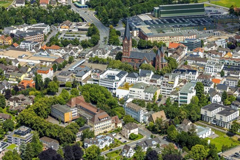 Aerial view, city centre, Klinikum Hochsauerland GmbH administration, St. Johannes Baptist church