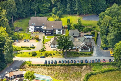 Aerial view, Rodelhaus Hotel and Restaurant, next to the Dorint Hotel, Neheim, Arnsberg, Sauerland,