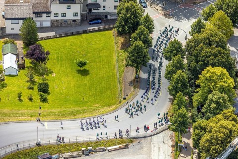 Aerial photo, shooting club street parade, St. Sebastianus Schützenbruderschaft 1766 e.V. Öventrop,