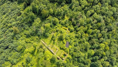 Aerial view, castle ruins or remains of the Rüdenburg (also Alte Grafenburg or Alte Burg) on the