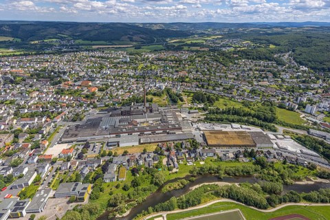 Aerial view, Reno de Medici plant for cardboard products on the Ruhr river, RDM Group, residential