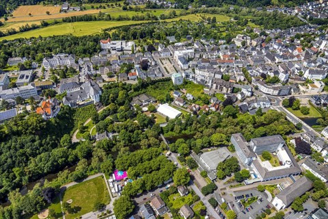 Aerial view, park with river Ruhr and promenade, Neumarkt and Auferstehungskirche, festival hall of
