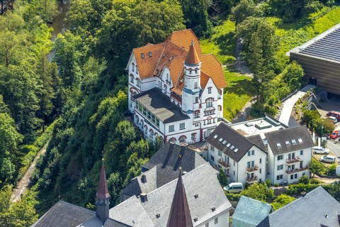 Aerial view, villa with spire Senioren-Wohnpark Arnsberg GmbH, Arnsberg, Sauerland, North