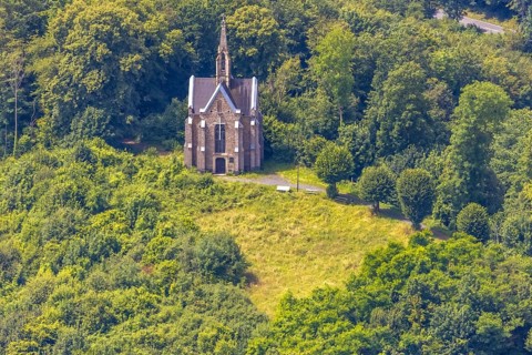 Aerial view, Kreuzberg chapel on the Kreuzberg in the forest area, Arnsberg, Sauerland, North