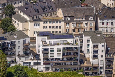 Aerial view, apartment building, residential building Böhmerstraße with balcony and roof terrace