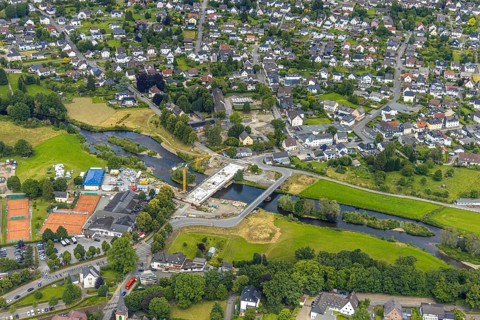 Aerial view, temporary bridge and construction site with new construction of the Dinscheder