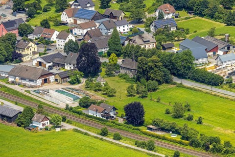 Aerial view, St. Joseph Chapel, Church Im Rohrbruch, residential area and meadow area, Uentrop,