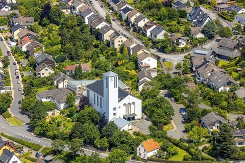Aerial view, St. Pius Catholic Church, construction site behind the church, residential area