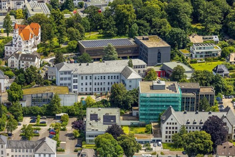 Aerial view, district house and district government, building renovation with cladding and