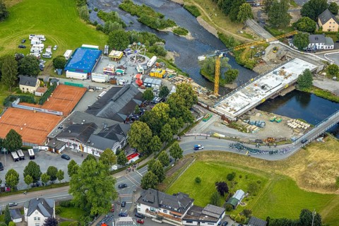 Aerial view, temporary bridge and construction site with new construction of the Dinscheder