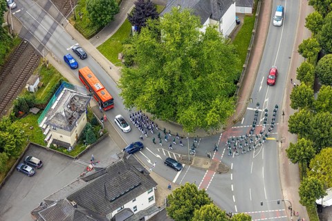 Aerial photo, shooting club street parade, St. Sebastianus Schützenbruderschaft 1766 e.V. Öventrop,