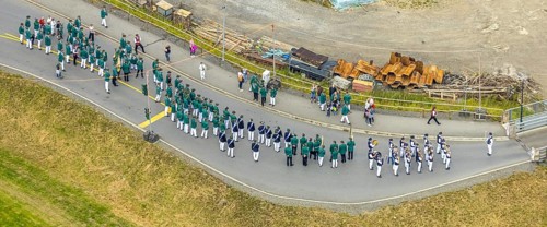 Aerial photo, shooting club street parade, St. Sebastianus Schützenbruderschaft 1766 e.V. Öventrop,