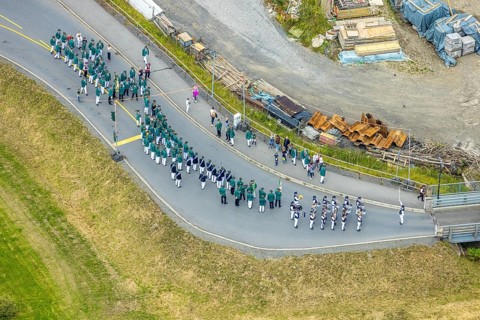 Aerial photo, shooting club street parade, St. Sebastianus Schützenbruderschaft 1766 e.V. Öventrop,