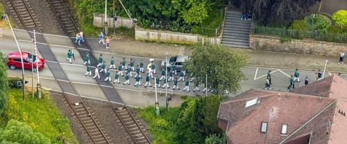 Aerial photo, shooting club street parade, St. Sebastianus Schützenbruderschaft 1766 e.V. Öventrop,