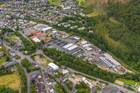 Aerial view, commercial area Unterm Limburg, Am Hilgenacker, residential area at the forest, Bad