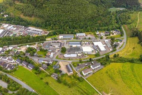 Aerial view, industrial estate Unterm Limburg with sewage treatment plant, Bad Berleburg,