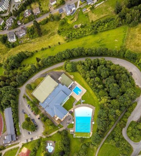 Aerial view, Rothaarbad outdoor pool, Rothaar Wellenfreibad, vertical shot, Bad Berleburg,
