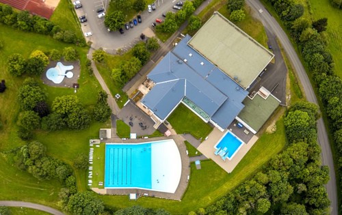 Aerial view, Rothaarbad outdoor pool, Rothaar Wellenfreibad, vertical shot, Bad Berleburg,