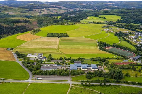 Aerial view, Ludwig-zu-Sayn-Wittgenstein-Schule Hauptschule and Städt. secondary school, meadows