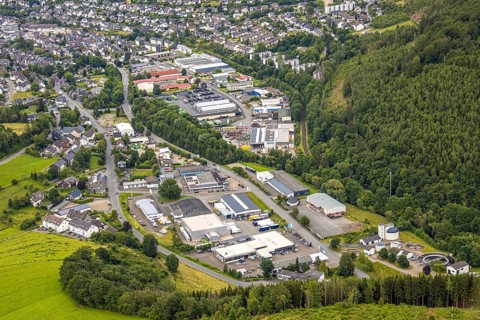 Aerial view, commercial area Unterm Limburg with sewage treatment plant, residential area Bad