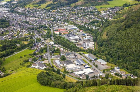 Aerial view, commercial area Unterm Limburg with sewage treatment plant, residential area Bad