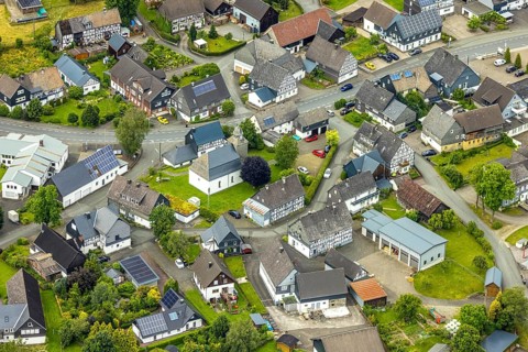 Aerial view, protestant church in the village centre and half-timbered houses, Berghausen, Bad