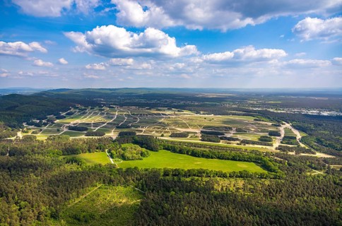 Aerial view, Augustdorf dune field, Senne nature reserve NSG, heathland, distant view and blue sky