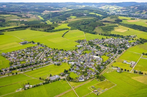 Aerial view, residential area local view Berghausen, forest and meadows hilly landscape with forest