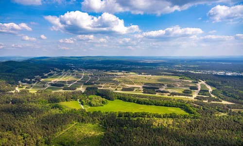 Aerial view, Augustdorf dune field, Senne nature reserve NSG, heathland, distant view and blue sky