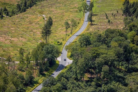 Aerial view, serpentines at the Ochsenkopf between Arnsberg and Sundern in the forest area with