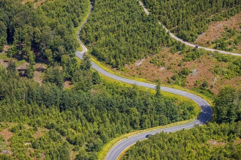 Aerial view, serpentines at the Ochsenkopf between Arnsberg and Sundern in the forest area with