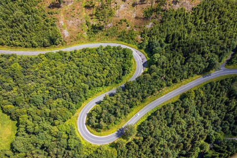 Aerial view, serpentines at the Ochsenkopf between Arnsberg and Sundern in the forest area with