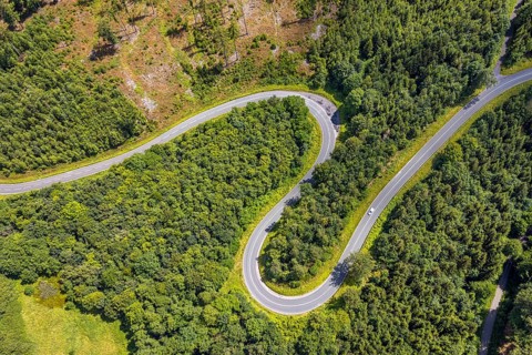 Aerial view, serpentines at the Ochsenkopf between Arnsberg and Sundern in the forest area with