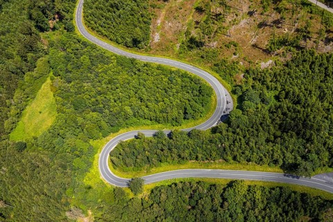 Aerial view, serpentines at the Ochsenkopf between Arnsberg and Sundern in the forest area with