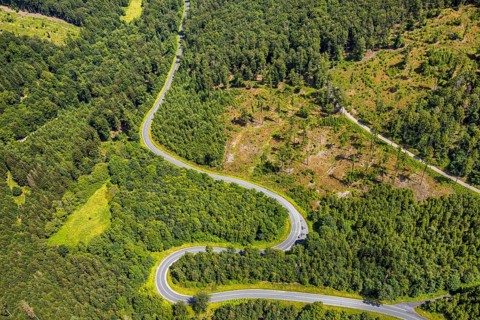 Aerial view, serpentines at the Ochsenkopf between Arnsberg and Sundern in the forest area with