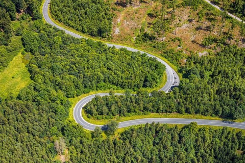 Aerial view, serpentines at the Ochsenkopf between Arnsberg and Sundern in the forest area with