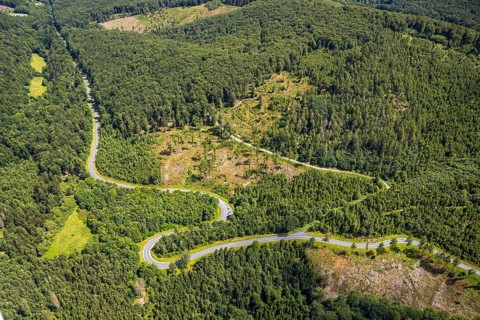 Aerial view, serpentines at the Ochsenkopf between Arnsberg and Sundern in the forest area with