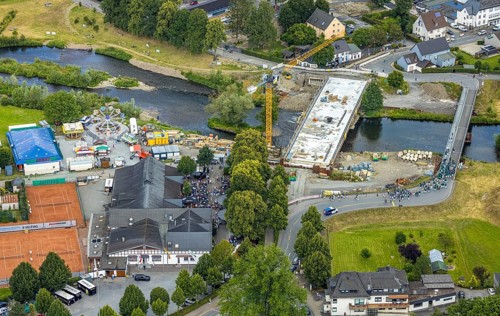 Aerial view, temporary bridge and construction site with new construction of the Dinscheder