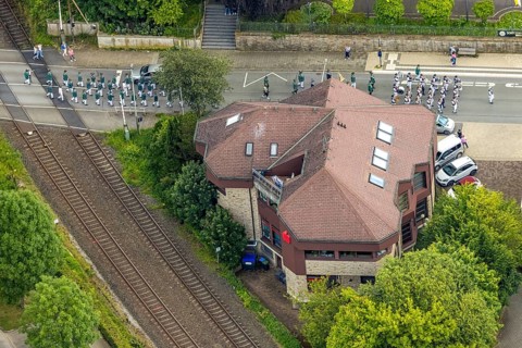Aerial photo, shooting club street parade, St. Sebastianus Schützenbruderschaft 1766 e.V. Öventrop,