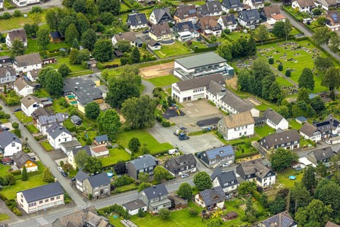 Aerial view, primary school to children's centre and residential area, Berghausen, Bad Berleburg,
