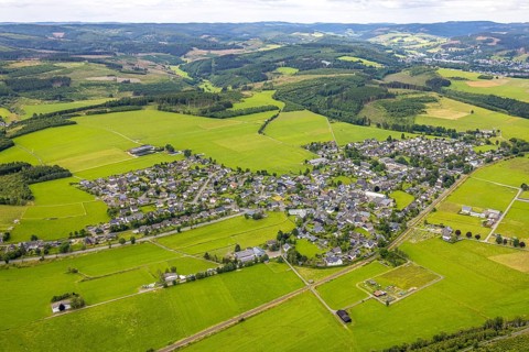 Aerial view, residential area local view Berghausen, forest and meadows hilly landscape with forest