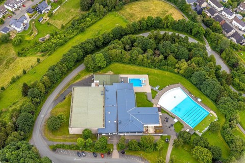 Aerial view, Rothaarbad outdoor pool, Rothaar Wellenfreibad, Bad Berleburg, Wittgensteiner Land,