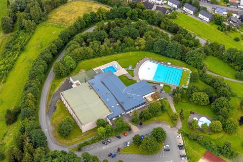 Aerial view, Rothaarbad outdoor pool, Rothaar Wellenfreibad, Bad Berleburg, Wittgensteiner Land,